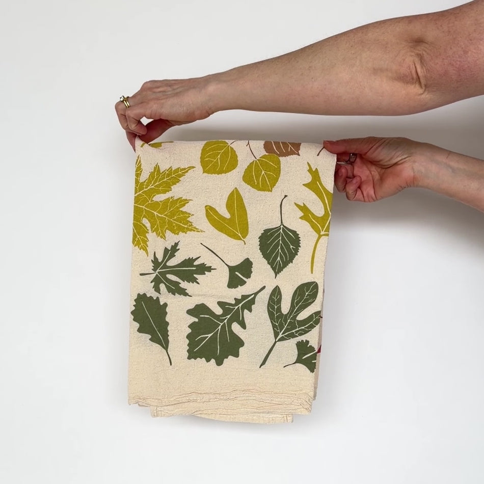 Video showing both side of our Transitions tea towel in natural, made from flour sack cotton, designed by Katie Forte of June & December