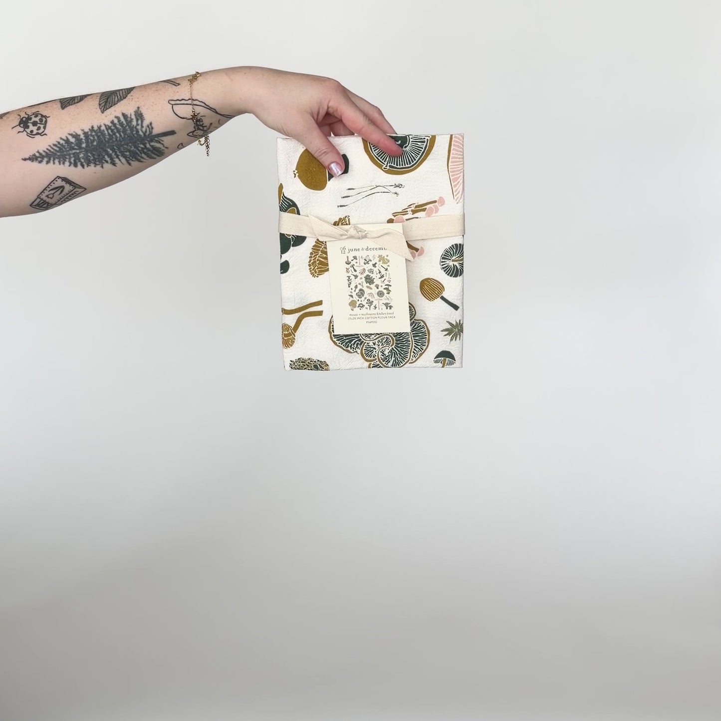 Load and play video in Gallery viewer, Video featuring our Mosses and Mushrooms tea towel design. Printed on flour sack cotton, this is a perfect gift for the forager in life. Designed by Katie Forte of June &amp;amp; December
