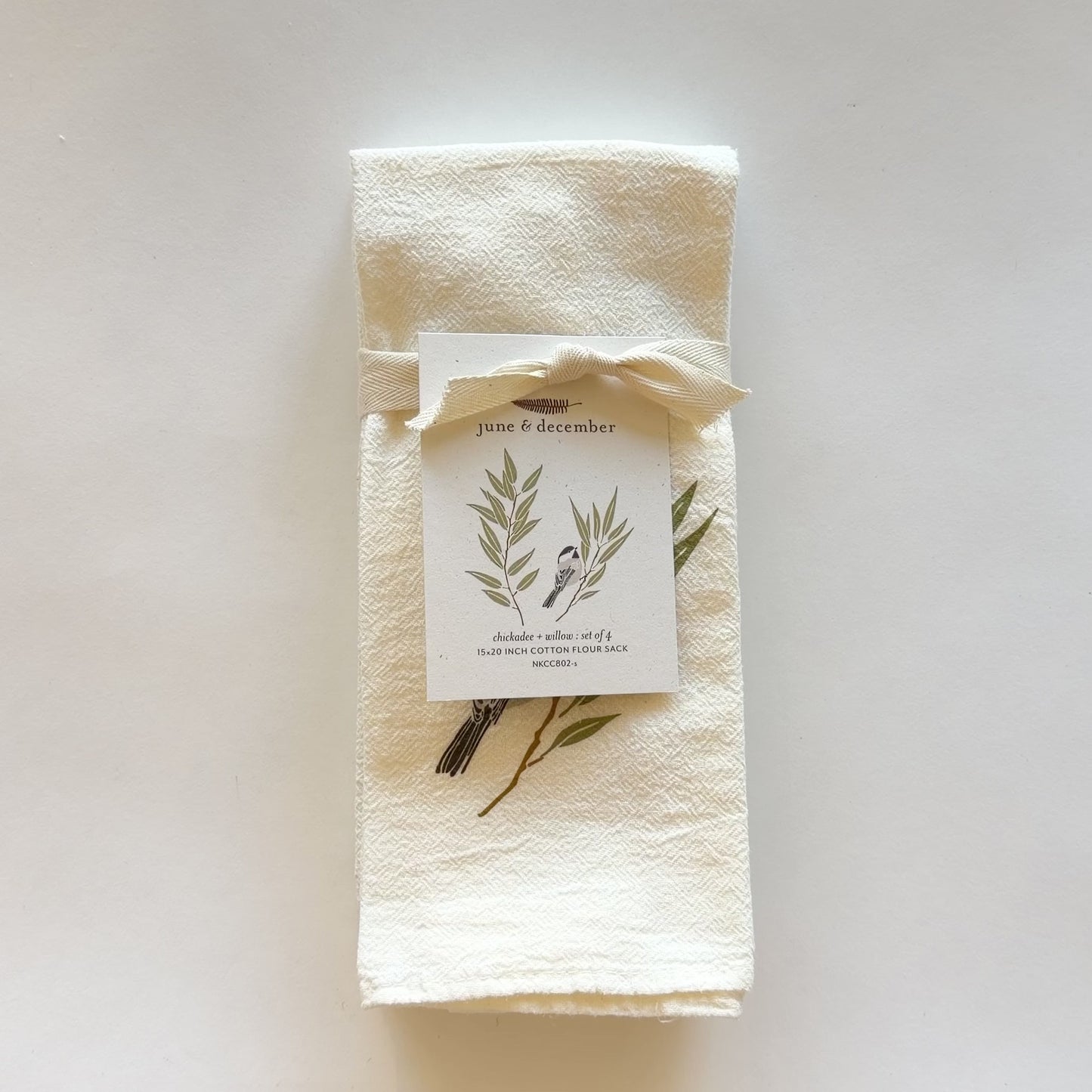 Load and play video in Gallery viewer, Video featuring our Chickadee and Willow cloth napkin set, printed on flour sack cotton, designed by Katie Forte of June &amp;amp; December

