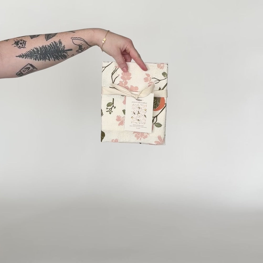 Load and play video in Gallery viewer, Video featuring our Early Bird tea towel design, printed on flour sack cotton, perfect for the bird lover in life. Designed by Katie Forte of June &amp;amp; December
