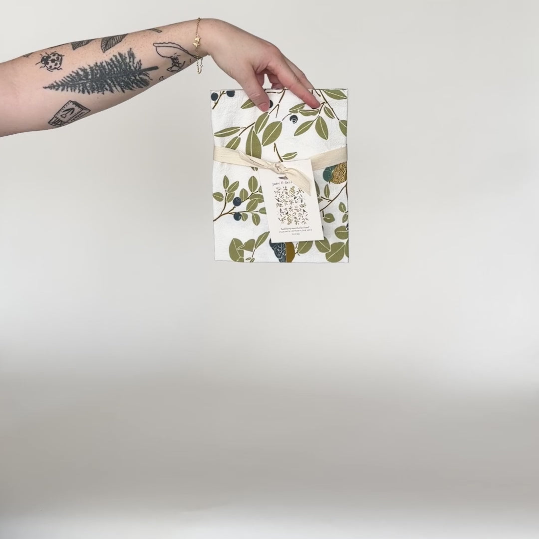 Load and play video in Gallery viewer, Video featuring our Huckleberry Marsh tea towel design, screen printed on flour sack cotton. Designed by Katie Forte of June &amp;amp; December

