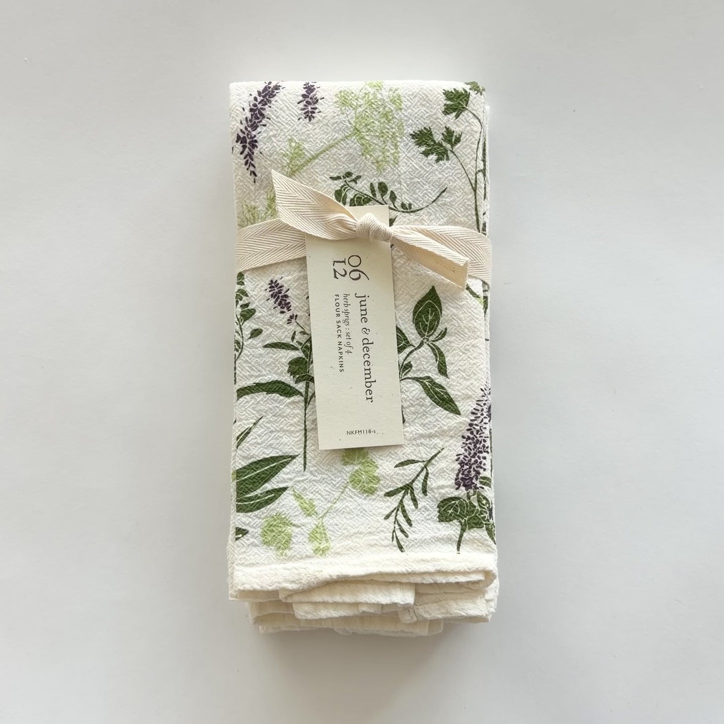 Load and play video in Gallery viewer, Video featuring our Herb Sprigs cloth napkin set, made from eco-friendly flour sack cotton, designed by Katie Forte of June &amp;amp; December
