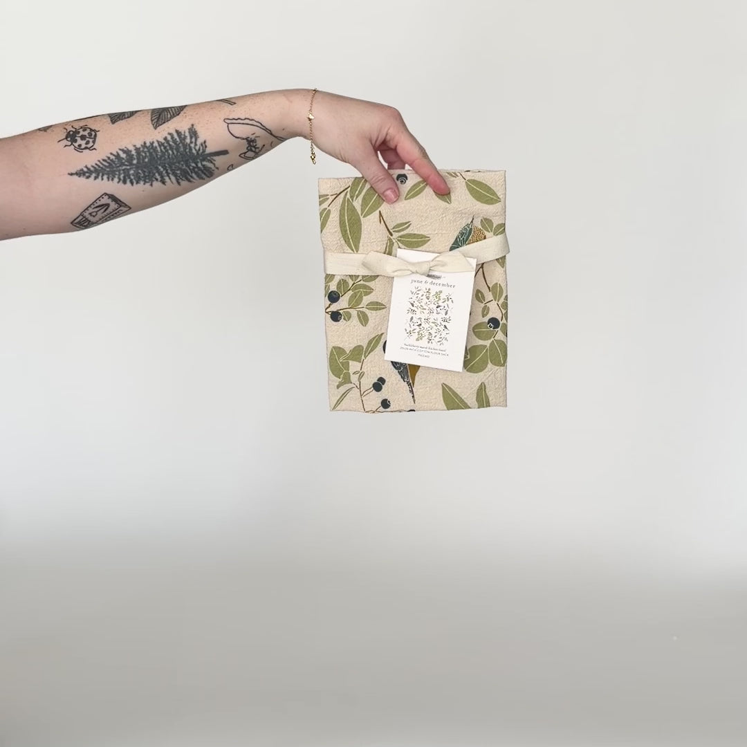 Load and play video in Gallery viewer, Video featuring our Huckleberry Marsh tea towel design in natural. Screen printed on flour sack cotton, and designed by Katie Forte of June &amp;amp; December
