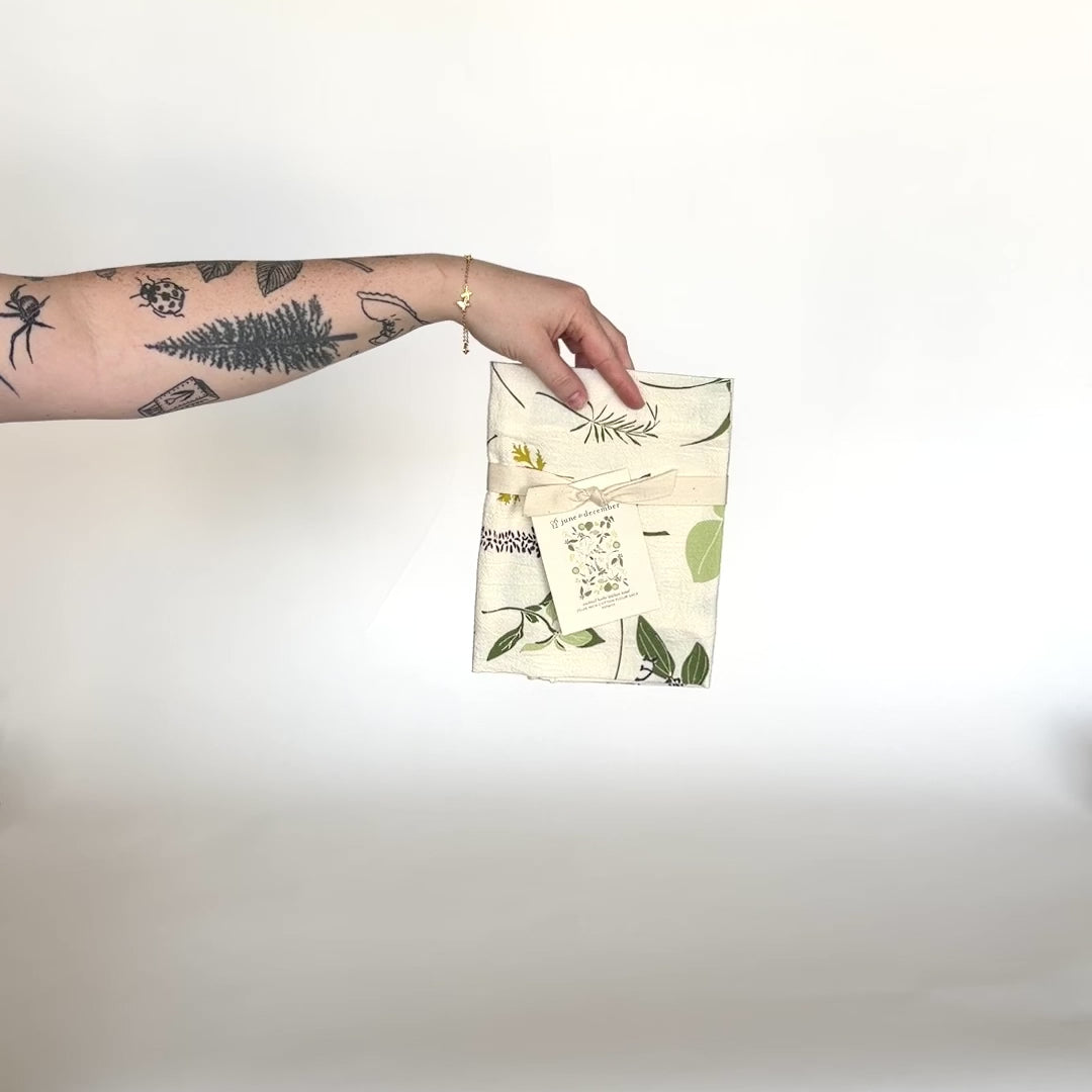 Load and play video in Gallery viewer, Video featuring our Cocktail Herbs tea towel design, made from flour sack cotton, a perfect gift for a hostess. Designed by Katie Forte of June &amp;amp; December
