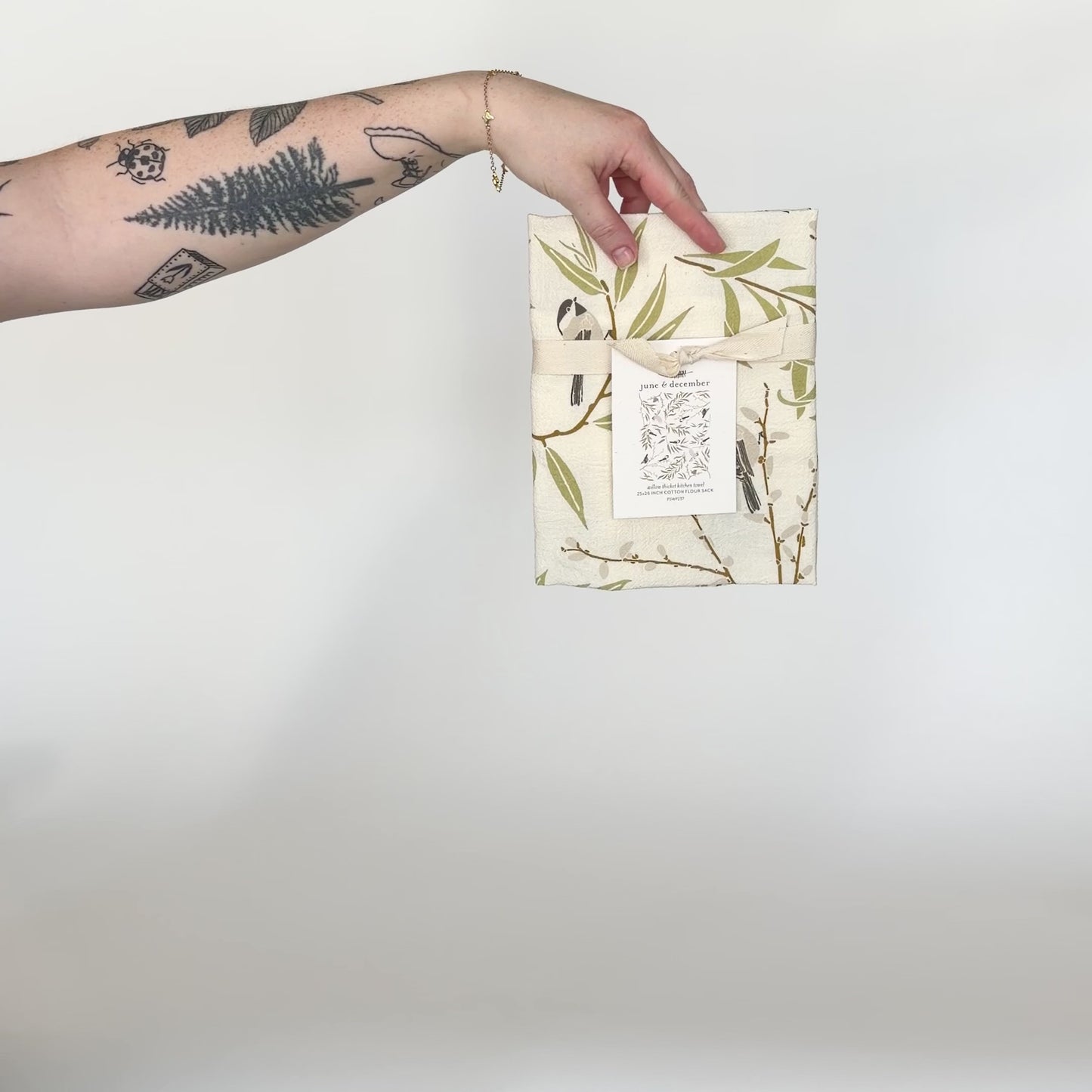 Load and play video in Gallery viewer, Video of our Willow Thicket tea towel design, made from flour sack cotton featuring nature elements, designed by Katie Forte of June &amp;amp; December
