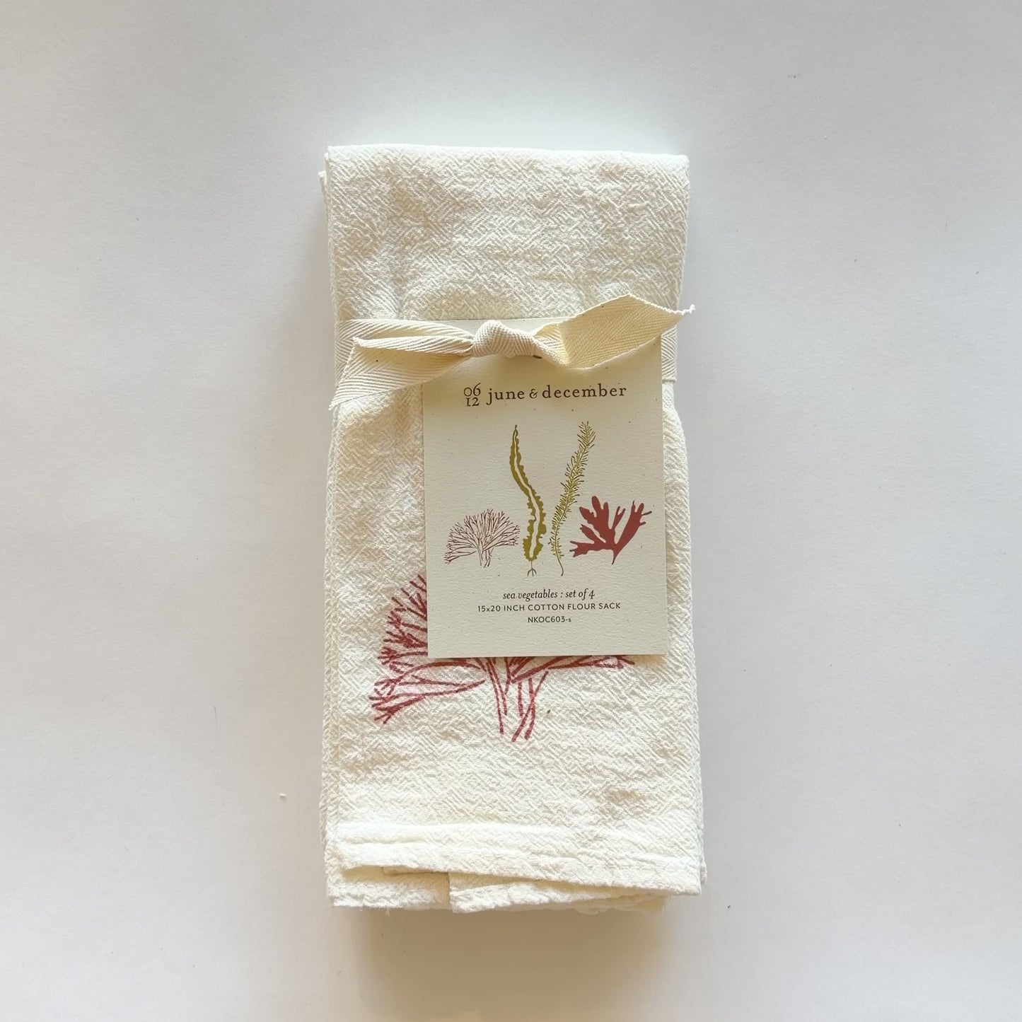 Load and play video in Gallery viewer, Video featuring our Sea Vegetables cloth napkin set, printed on an eco-friendly flour sack, designed by Katie Forte of June &amp;amp; December
