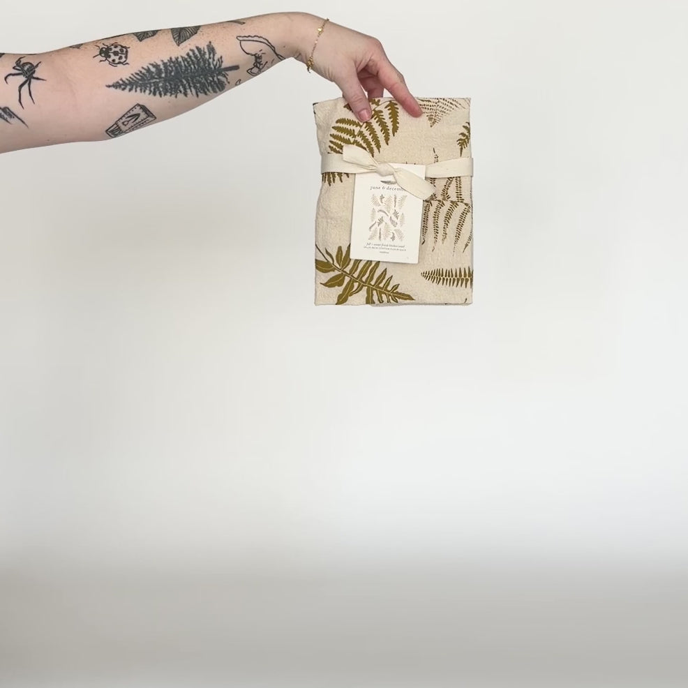 Video featuring our Fall and Winter fronds tea towel design, printed on flour sack cotton, designed by Katie Forte of June & December