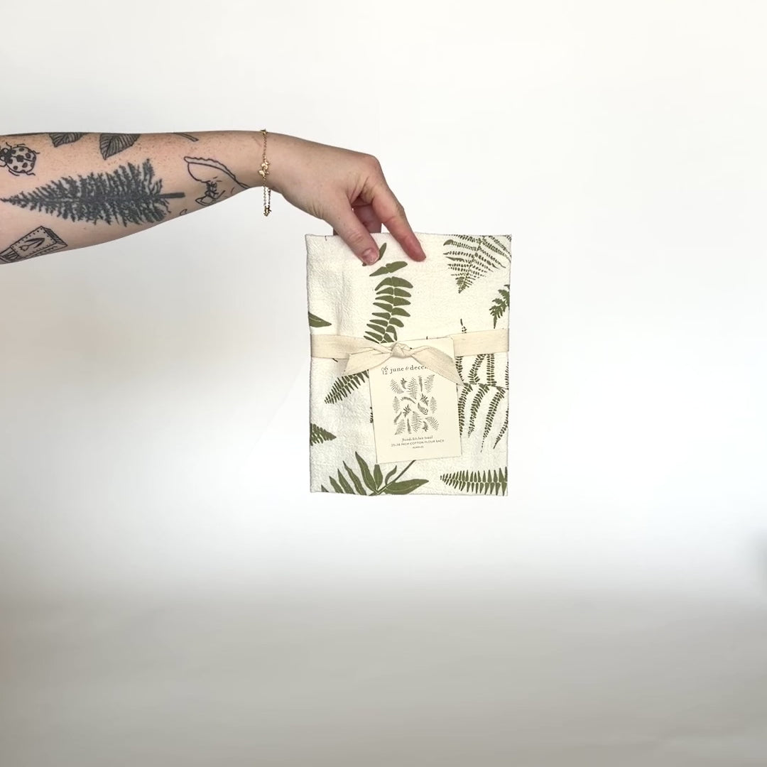 Load and play video in Gallery viewer, Video featuring our Fronds tea towel design, made from flour sack cotton, designed by Katie Forte of June &amp;amp; December
