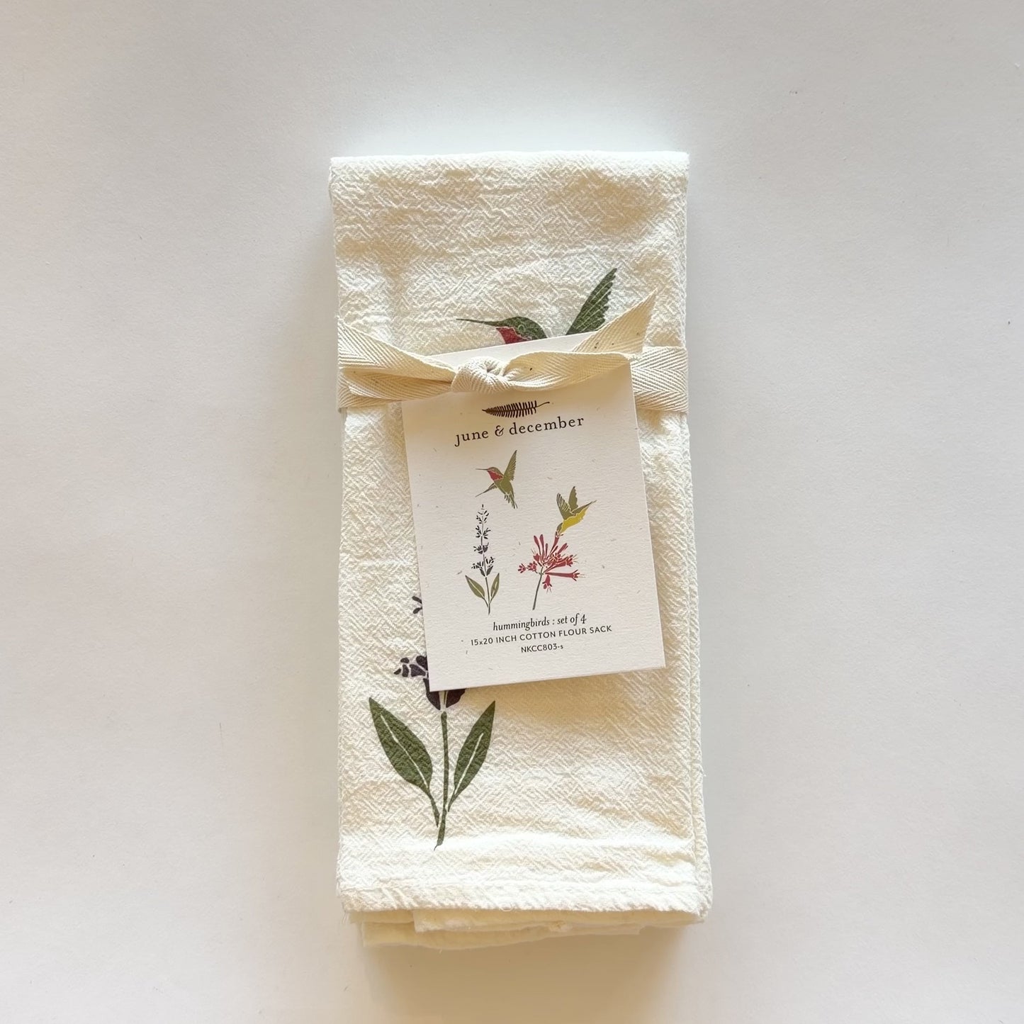 Video featuring our Hummingbird cloth napkin set, made from flour sack cotton, perfect for the spring or summer. Designed by Katie Forte of June & December