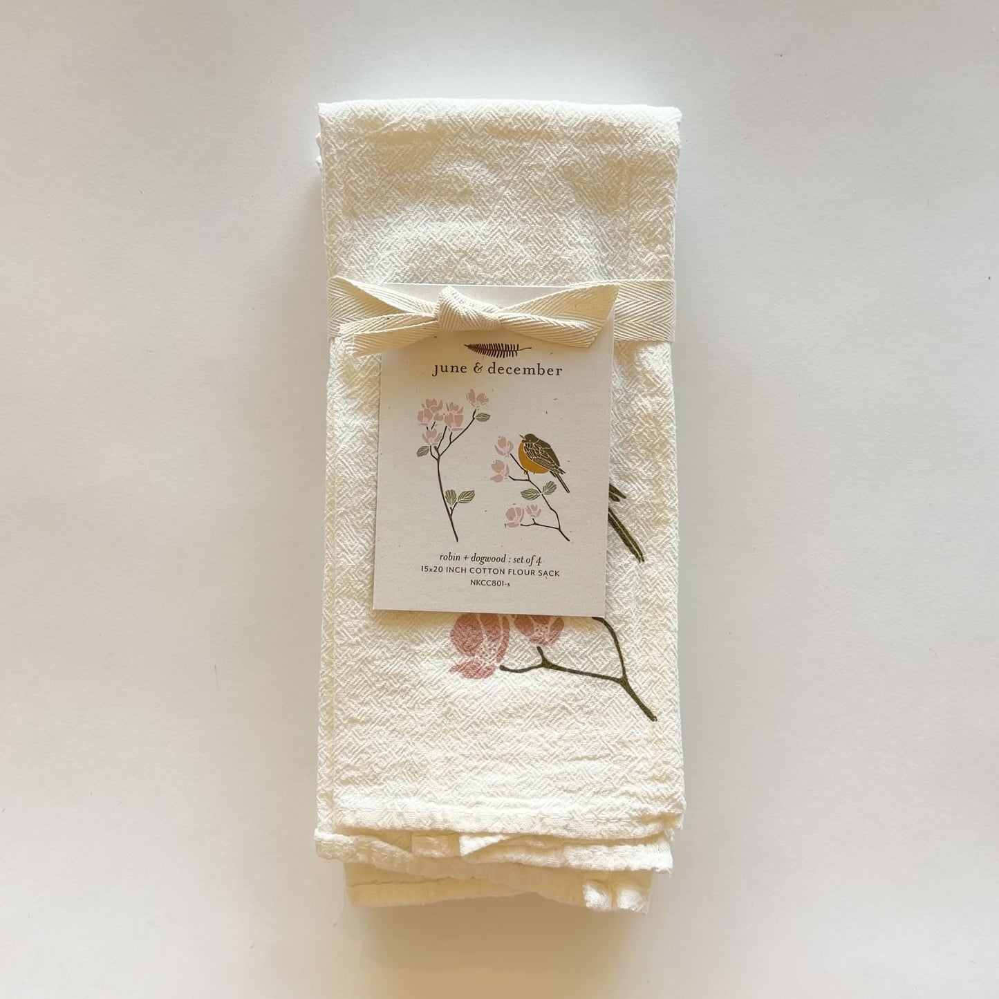 Load and play video in Gallery viewer, Video featuring our Robin and Dogwood cloth napkin set printed on an eco-friendly flour sack, designed by Katie Forte of June &amp;amp; December
