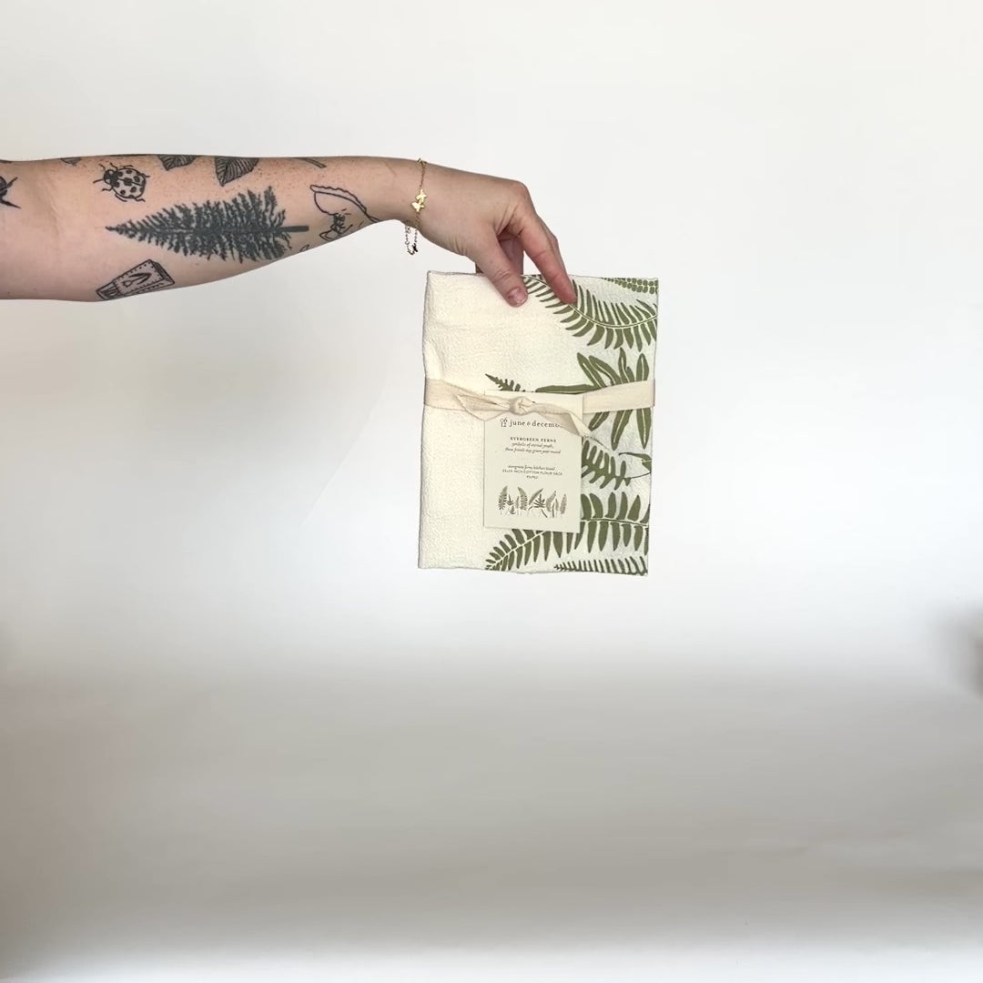 Load and play video in Gallery viewer, Video featuring our Evergreen Ferns tea towel design, screen printed on flour sack cotton, designed by Katie Forte of June &amp;amp; December
