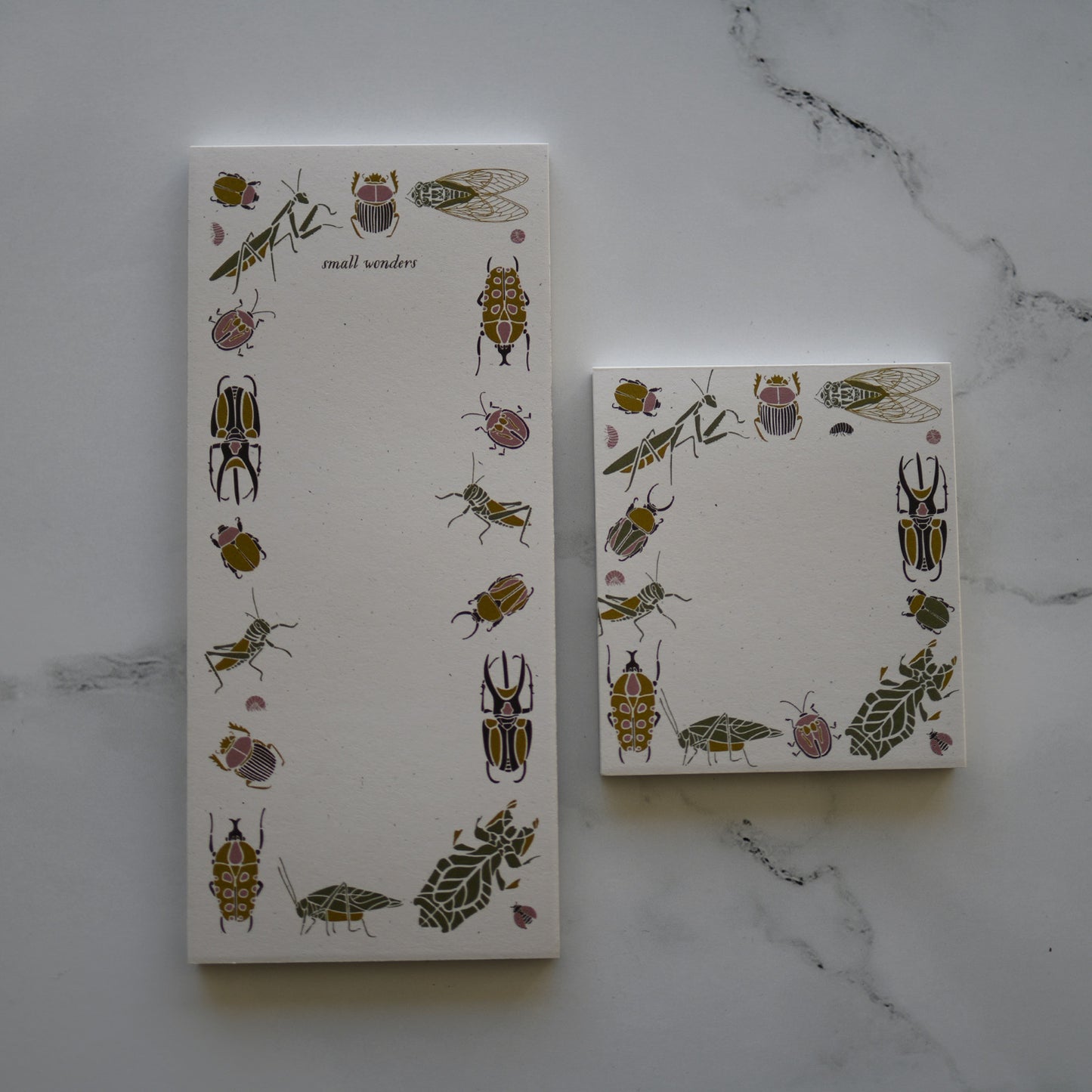 Recycled small wonders bugs + insects design to-do non sticky mini notes with botanical illustration by June & December artist Katie Forte