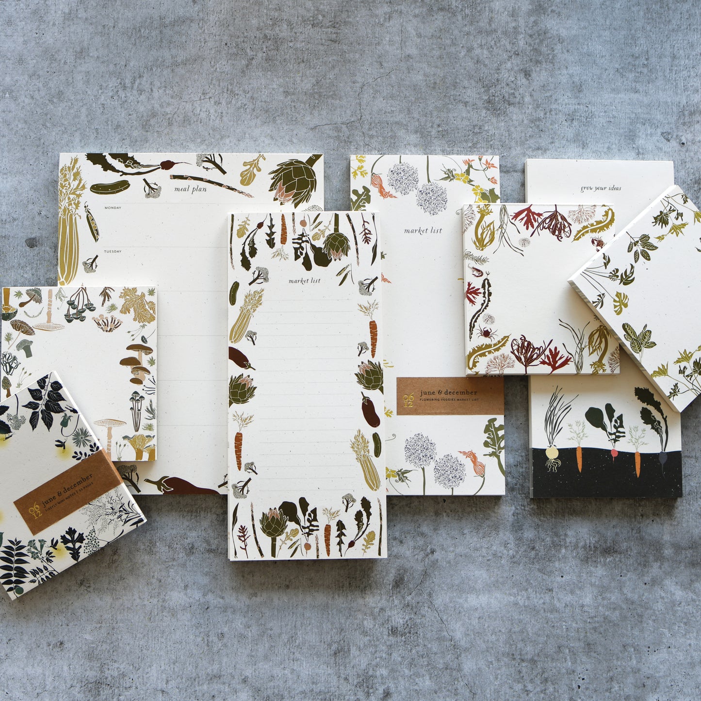 Eco-friendly Rainforest Plants mini notepad shown with various garden and nature notepad designs, designed by katie forte of june & december