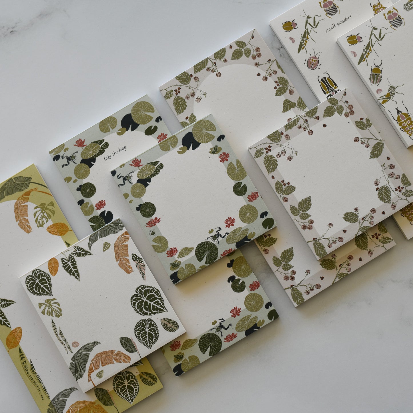 Recycled ladybugs + bird design to-do non sticky mini notes with botanical illustration by June & December artist Katie Forte