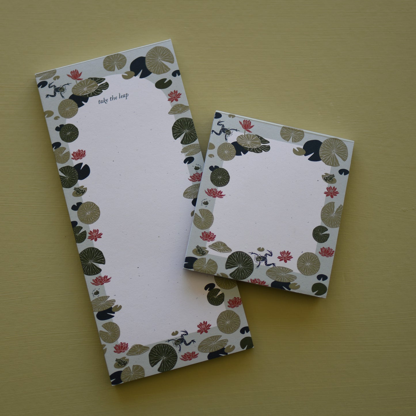 Recycled lily pad + frog design to-do notepad and market list with botanical illustration by June & December artist Katie Forte