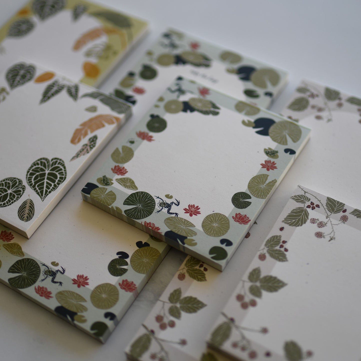 Recycled lily pad + frogs design to-do non sticky mini notes with botanical illustration by June & December artist Katie Forte