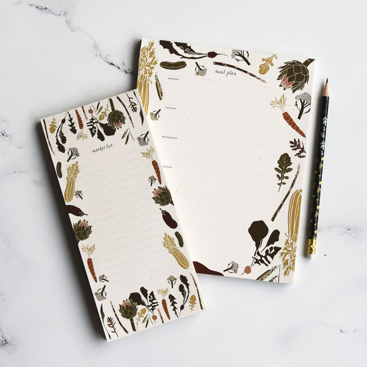 Eco-friendly Spring Veggie Market Planner shown with it's counter part mini notes designed with garden elements to help you write down your shopping list designed by katie forte of june & december
