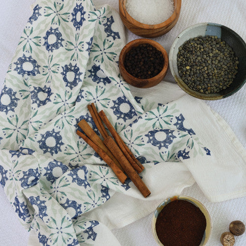 Navy Woodblock Designer Flour Sack Kitchen Tea Towel
