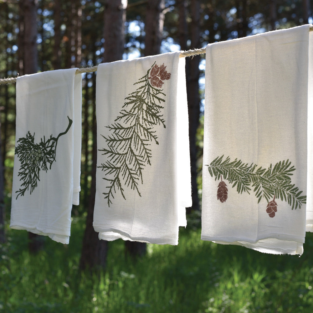 Holiday White Cedar Tree + Pine Cone Flour Sack Tea Towels