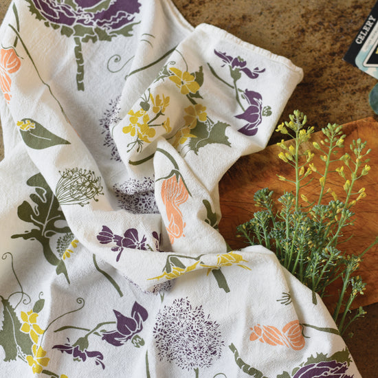Kitchen tea towel made with eco-friendly flour sack in the usa featuring botanical artwork by june & december artist katie forte