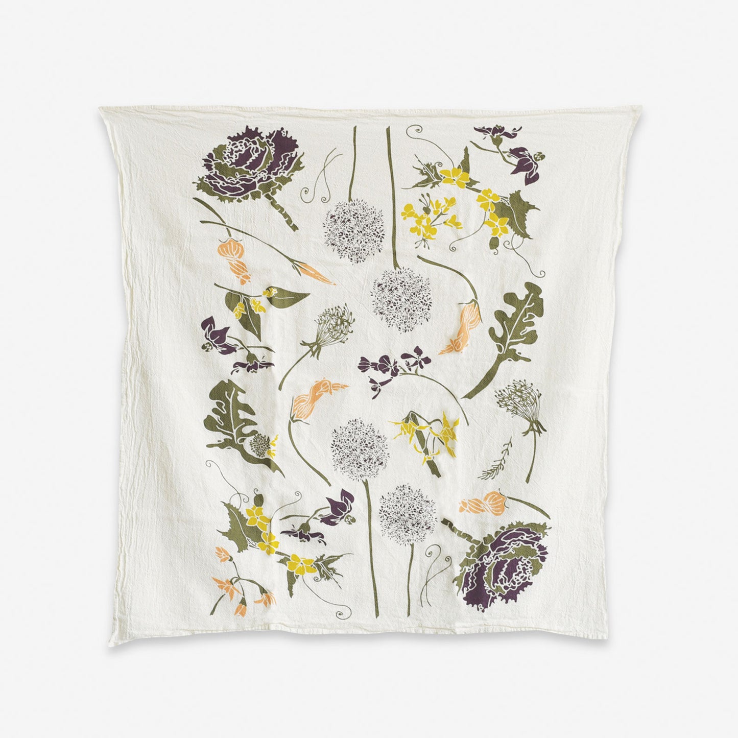 Kitchen tea towel made with eco-friendly flour sack in the USA, featuring botanical Flowering Veggies artwork by June & December artist Katie Forte