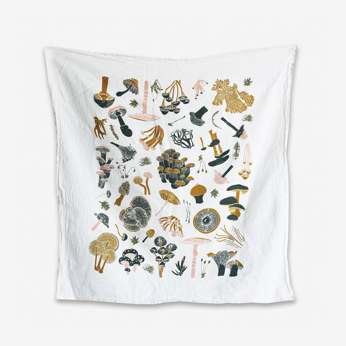 Kitchen tea towel made with eco-friendly flour sack in the USA, featuring botanical Mosses & Mushrooms artwork by June & December artist Katie Forte