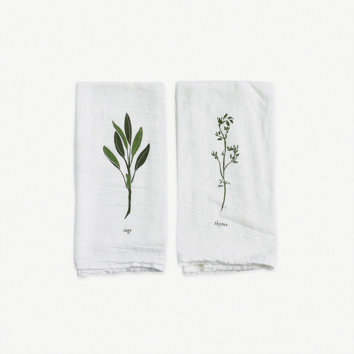 Cloth dinner napkins made with eco-friendly flour sack in the USA, featuring botanical Sage & Thyme artwork by June & December artist Katie Forte